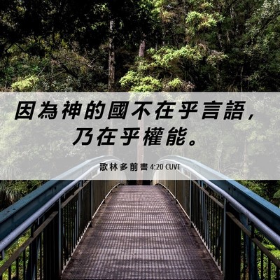 Picture 06 - 歌 林 多 前 書 4:20 CUVT - 因 為 神 的 國 不 在 乎 言 語 ， 乃 - Bible Verse Picture