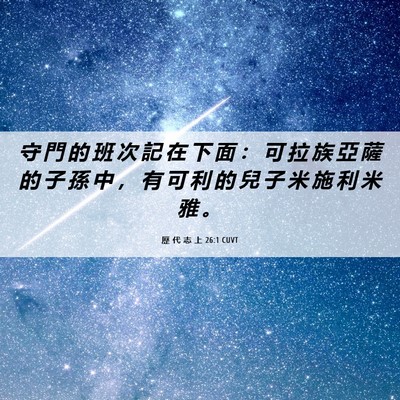 Picture 06 - 歷 代 志 上 26:1 CUVT - 守 門 的 班 次 記 在 下 面 ： 可 拉 - Bible Verse Picture
