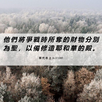 Picture 06 - 歷 代 志 上 26:27 CUVT - 他 們 將 爭 戰 時 所 奪 的 財 物 分 - Bible Verse Picture