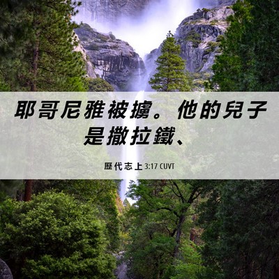 Picture 06 - 歷 代 志 上 3:17 CUVT - 耶 哥 尼 雅 被 擄 。 他 的 兒 子 是 - Bible Verse Picture