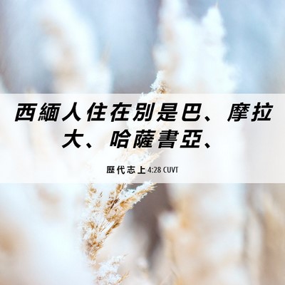 Picture 06 - 歷 代 志 上 4:28 CUVT - 西 緬 人 住 在 別 是 巴 、 摩 拉 大 - Bible Verse Picture
