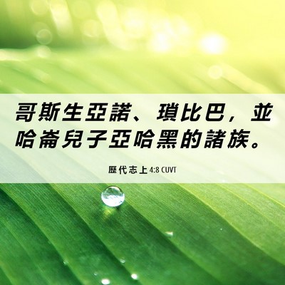 Picture 06 - 歷 代 志 上 4:8 CUVT - 哥 斯 生 亞 諾 、 瑣 比 巴 ， 並 哈 - Bible Verse Picture
