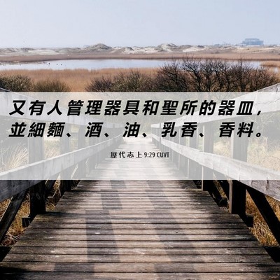 Picture 06 - 歷 代 志 上 9:29 CUVT - 又 有 人 管 理 器 具 和 聖 所 的 器 - Bible Verse Picture