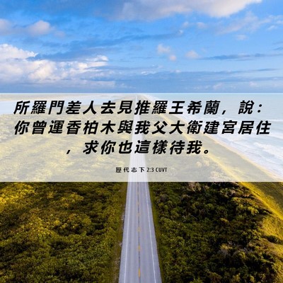 Picture 06 - 歷 代 志 下 2:3 CUVT - 所 羅 門 差 人 去 見 推 羅 王 希 蘭 - Bible Verse Picture