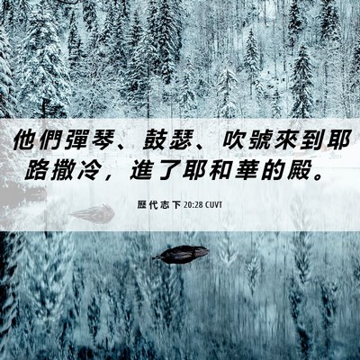Picture 06 - 歷 代 志 下 20:28 CUVT - 他 們 彈 琴 、 鼓 瑟 、 吹 號 來 到 - Bible Verse Picture