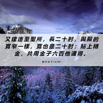Picture 06 - 歷 代 志 下 3:8 CUVT - 又 建 造 至 聖 所 ， 長 二 十 肘 ， - Bible Verse Picture