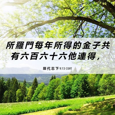 Picture 06 - 歷 代 志 下 9:13 CUVT - 所 羅 門 每 年 所 得 的 金 子 共 有 - Bible Verse Picture