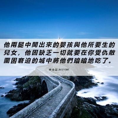 Picture 06 - 申 命 記 28:57 CUVT - 他 兩 腿 中 間 出 來 的 嬰 孩 與 他 - Bible Verse Picture