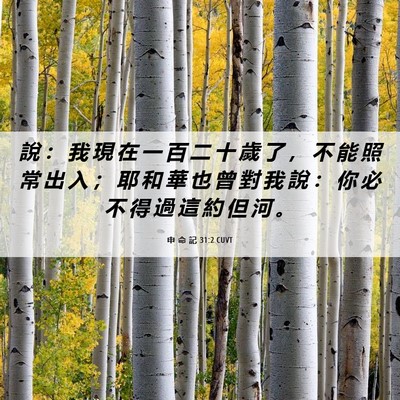 Picture 06 - 申 命 記 31:2 CUVT - 說 ： 我 現 在 一 百 二 十 歲 了 ， - Bible Verse Picture