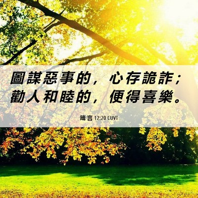 Picture 06 - 箴 言 12:20 CUVT - 圖 謀 惡 事 的 ， 心 存 詭 詐 ； 勸 - Bible Verse Picture
