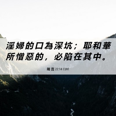 Picture 06 - 箴 言 22:14 CUVT - 淫 婦 的 口 為 深 坑 ； 耶 和 華 所 - Bible Verse Picture