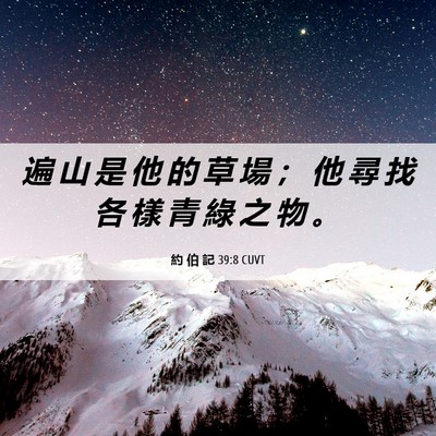 Picture 06 - 約 伯 記 39:8 CUVT - 遍 山 是 他 的 草 場 ； 他 尋 找 各 - Bible Verse Picture