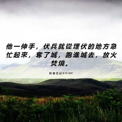 Picture 06 - 約 書 亞 記 8:19 CUVT - 他 一 伸 手 ， 伏 兵 就 從 埋 伏 的 - Bible Verse Picture