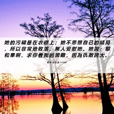 Picture 06 - 耶 利 米 哀 歌 1:9 CUVT - 她 的 污 穢 是 在 衣 襟 上 ； 她 不 - Bible Verse Picture