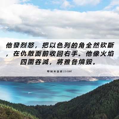 Picture 06 - 耶 利 米 哀 歌 2:3 CUVT - 他 發 烈 怒 ， 把 以 色 列 的 角 全 - Bible Verse Picture