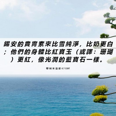 Picture 06 - 耶 利 米 哀 歌 4:7 CUVT - 錫 安 的 貴 冑 素 來 比 雪 純 淨 ， - Bible Verse Picture