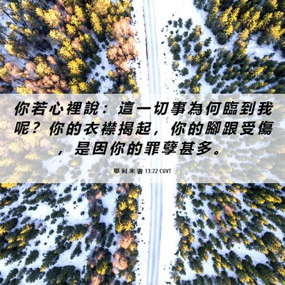 Picture 06 - 耶 利 米 書 13:22 CUVT - 你 若 心 裡 說 ： 這 一 切 事 為 何 - Bible Verse Picture
