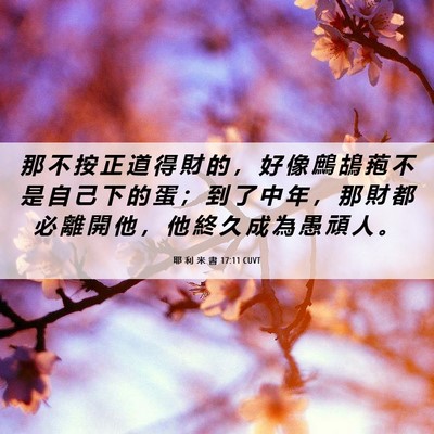 Picture 06 - 耶 利 米 書 17:11 CUVT - 那 不 按 正 道 得 財 的 ， 好 像 鷓 - Bible Verse Picture