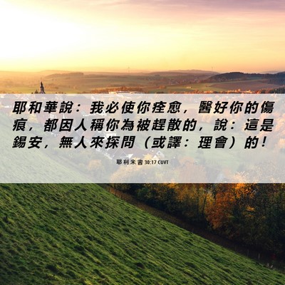 Picture 06 - 耶 利 米 書 30:17 CUVT - 耶 和 華 說 ： 我 必 使 你 痊 愈 ， - Bible Verse Picture