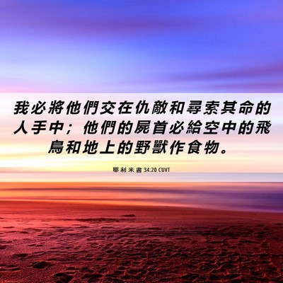 Picture 06 - 耶 利 米 書 34:20 CUVT - 我 必 將 他 們 交 在 仇 敵 和 尋 索 - Bible Verse Picture