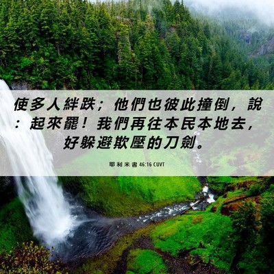 Picture 06 - 耶 利 米 書 46:16 CUVT - 使 多 人 絆 跌 ； 他 們 也 彼 此 撞 - Bible Verse Picture