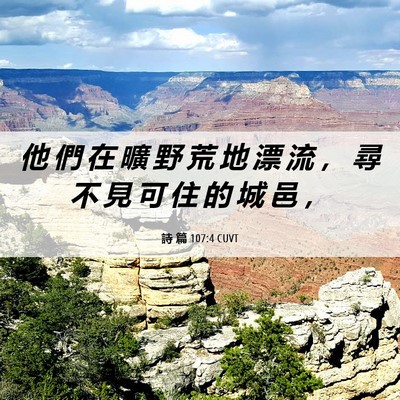 Picture 06 - 詩 篇 107:4 CUVT - 他 們 在 曠 野 荒 地 漂 流 ， 尋 不 - Bible Verse Picture