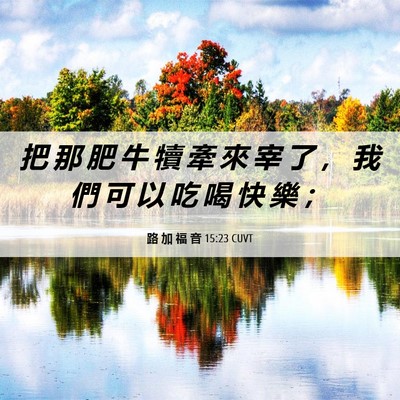 Picture 06 - 路 加 福 音 15:23 CUVT - 把 那 肥 牛 犢 牽 來 宰 了 ， 我 們 - Bible Verse Picture