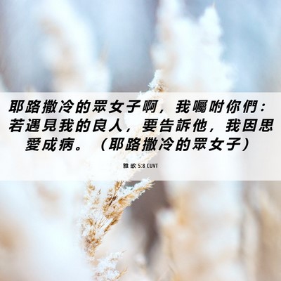 Picture 06 - 雅 歌 5:8 CUVT - 耶 路 撒 冷 的 眾 女 子 啊 ， 我 囑 - Bible Verse Picture