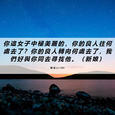 Picture 06 - 雅 歌 6:1 CUVT - 你 這 女 子 中 極 美 麗 的 ， 你 的 - Bible Verse Picture