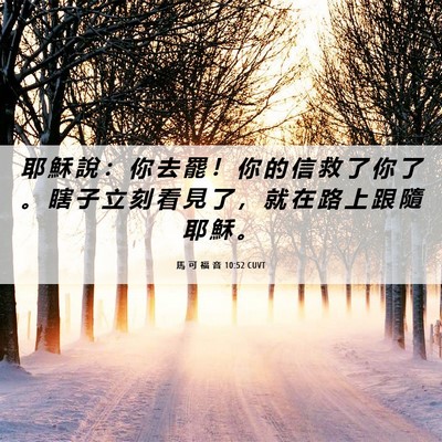Picture 06 - 馬 可 福 音 10:52 CUVT - 耶 穌 說 ： 你 去 罷 ！ 你 的 信 救 - Bible Verse Picture
