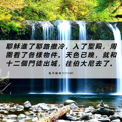 Picture 06 - 馬 可 福 音 11:11 CUVT - 耶 穌 進 了 耶 路 撒 冷 ， 入 了 聖 - Bible Verse Picture