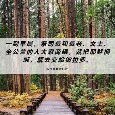 Picture 06 - 馬 可 福 音 15:1 CUVT - 一 到 早 晨 ， 祭 司 長 和 長 老 、 - Bible Verse Picture