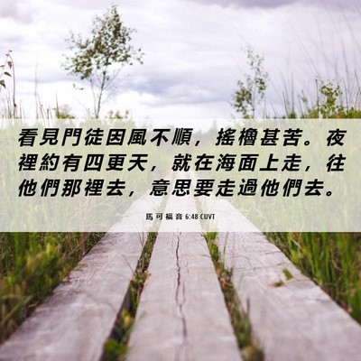 Picture 06 - 馬 可 福 音 6:48 CUVT - 看 見 門 徒 因 風 不 順 ， 搖 櫓 甚 - Bible Verse Picture