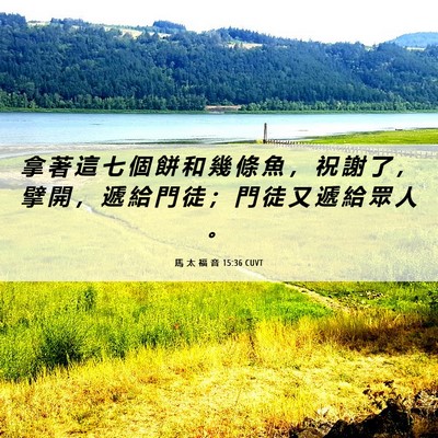 Picture 06 - 馬 太 福 音 15:36 CUVT - 拿 著 這 七 個 餅 和 幾 條 魚 ， 祝 - Bible Verse Picture