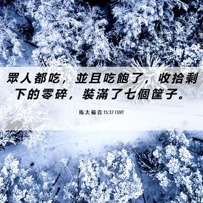 Picture 06 - 馬 太 福 音 15:37 CUVT - 眾 人 都 吃 ， 並 且 吃 飽 了 ， 收 - Bible Verse Picture