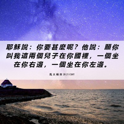 Picture 06 - 馬 太 福 音 20:21 CUVT - 耶 穌 說 ： 你 要 甚 麼 呢 ？ 他 說 - Bible Verse Picture