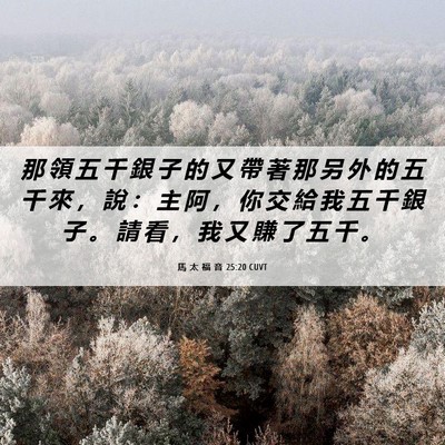 Picture 06 - 馬 太 福 音 25:20 CUVT - 那 領 五 千 銀 子 的 又 帶 著 那 另 - Bible Verse Picture