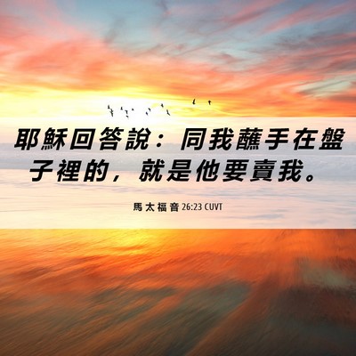 Picture 06 - 馬 太 福 音 26:23 CUVT - 耶 穌 回 答 說 ： 同 我 蘸 手 在 盤 - Bible Verse Picture