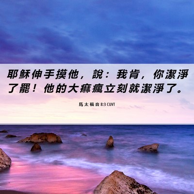 Picture 06 - 馬 太 福 音 8:3 CUVT - 耶 穌 伸 手 摸 他 ， 說 ： 我 肯 ， - Bible Verse Picture