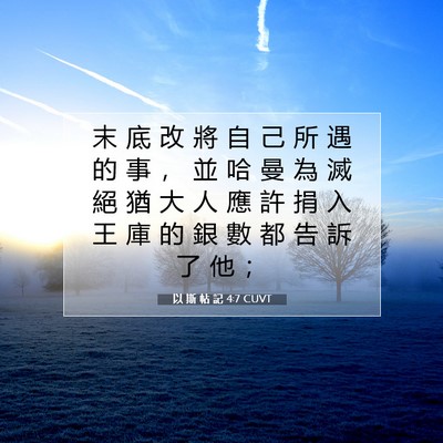 Picture 07 - 以 斯 帖 記 4:7 CUVT - 末 底 改 將 自 己 所 遇 的 事 ， 並 - Bible Verse Picture