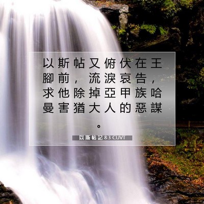 Picture 07 - 以 斯 帖 記 8:3 CUVT - 以 斯 帖 又 俯 伏 在 王 腳 前 ， 流 - Bible Verse Picture