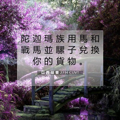 Picture 07 - 以 西 結 書 27:14 CUVT - 陀 迦 瑪 族 用 馬 和 戰 馬 並 騾 子 - Bible Verse Picture
