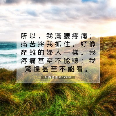 Picture 07 - 以 賽 亞 書 21:3 CUVT - 所 以 ， 我 滿 腰 疼 痛 ； 痛 苦 將 - Bible Verse Picture