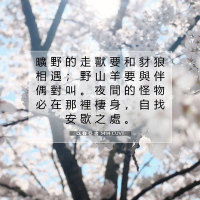 Picture 07 - 以 賽 亞 書 34:14 CUVT - 曠 野 的 走 獸 要 和 豺 狼 相 遇 ； - Bible Verse Picture