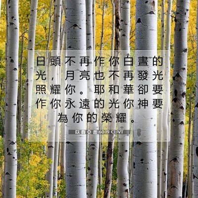 Picture 07 - 以 賽 亞 書 60:19 CUVT - 日 頭 不 再 作 你 白 晝 的 光 ， 月 - Bible Verse Picture