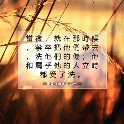 Picture 07 - 使 徒 行 傳 16:33 CUVT - 當 夜 ， 就 在 那 時 候 ， 禁 卒 把 - Bible Verse Picture