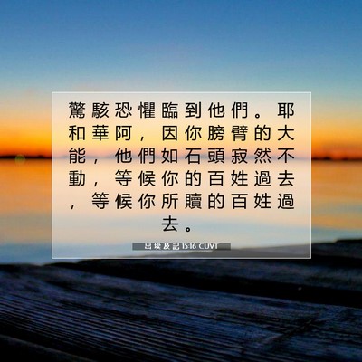Picture 07 - 出 埃 及 記 15:16 CUVT - 驚 駭 恐 懼 臨 到 他 們 。 耶 和 華 - Bible Verse Picture