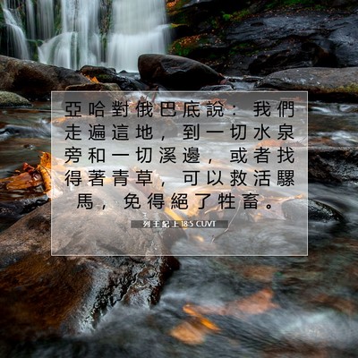 Picture 07 - 列 王 紀 上 18:5 CUVT - 亞 哈 對 俄 巴 底 說 ： 我 們 走 遍 - Bible Verse Picture