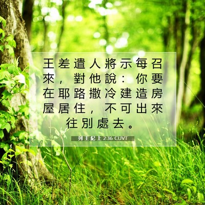 Picture 07 - 列 王 紀 上 2:36 CUVT - 王 差 遣 人 將 示 每 召 來 ， 對 他 - Bible Verse Picture