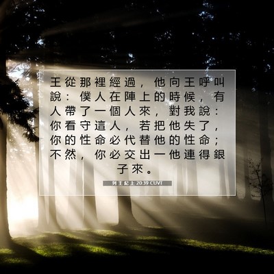 Picture 07 - 列 王 紀 上 20:39 CUVT - 王 從 那 裡 經 過 ， 他 向 王 呼 叫 - Bible Verse Picture